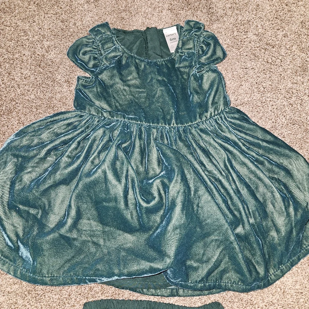 Carter's Emerald Green Velvet Baby Dress with Bow and Bloomers size 6M